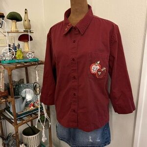 Maroon Red Crop Button Down Top w Embroidered Apples by Christopher & Banks